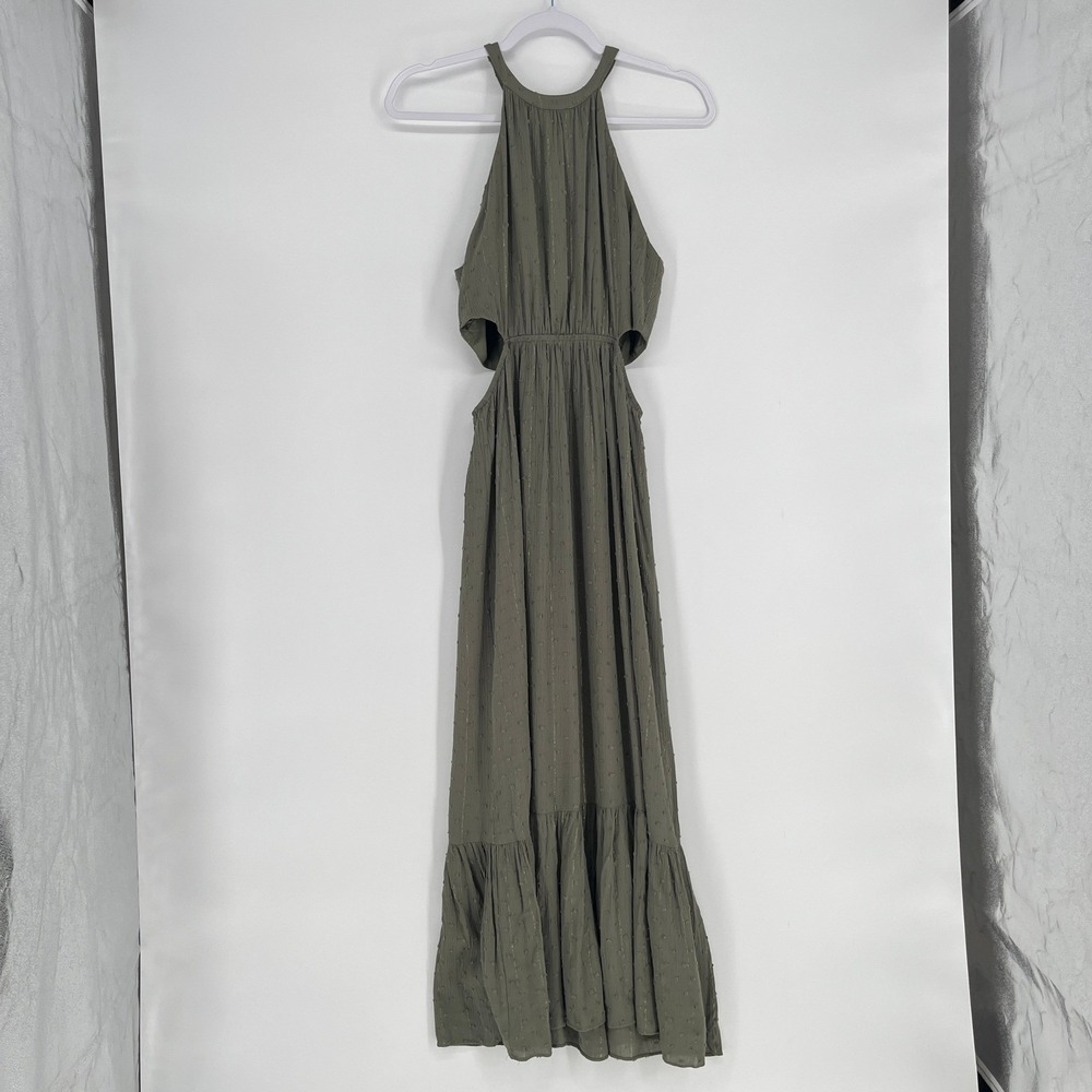 AQUA Olive Green Swiss Dot Halter Maxi Dress Side Cutout Boho Festival Prairie S - Picture 2 of 10